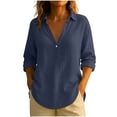 thumbnail image 1 of UAMVSH Cotton Linen Shirts for Women Lightweight Summer Casual Tops Soft Fall Long Sleeve Lapel V-Neck Button Vacation Dressy Blouses(Medium,Navy), 1 of 6