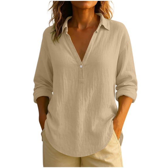 UAMVSH Cotton Linen Shirts for Women Lightweight Summer Casual Tops Soft Fall Long Sleeve Lapel V-Neck Button Vacation Dressy Blouses(Small,Khaki)