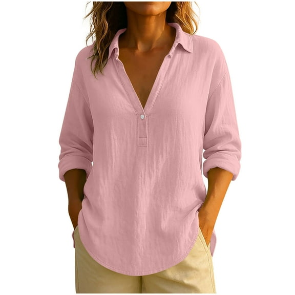 UAMVSH Cotton Linen Shirts for Women Lightweight Summer Casual Tops Soft Fall Long Sleeve Lapel V-Neck Button Vacation Dressy Blouses(XX-Large,Pink)