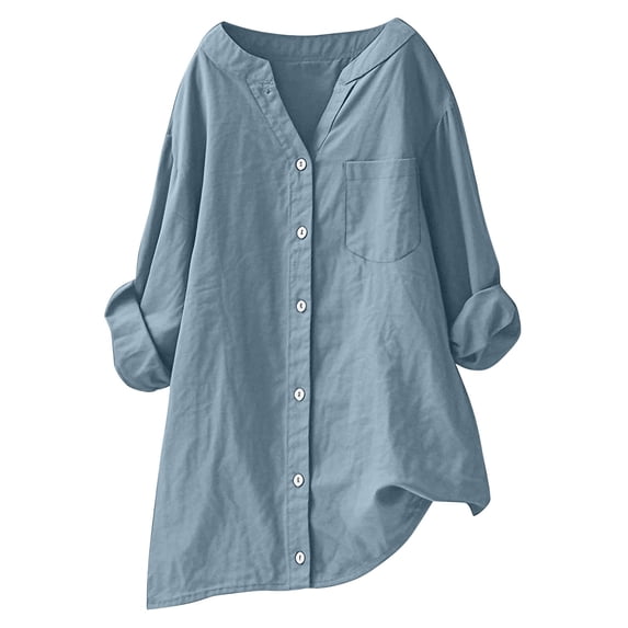 UAMVSH Cotton Linen Shirts for Women Solid Color Button down Casual Blouses Long Sleeve V-Neck Office Work Tops with Pockets(Large,Gray 1)
