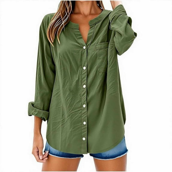 UAMVSH Cotton Linen Shirts for Women Solid Color Button down Casual Blouses Long Sleeve V-Neck Office Work Tops with Pockets(X-Large,Army Green 2)