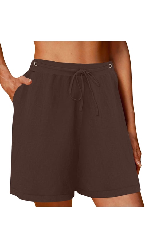 UAMVSH Cotton Linen Shorts for Women Casual Summer Beach Long Shorts Simple Drawstring Wide Leg Loose Shorts with Pockets