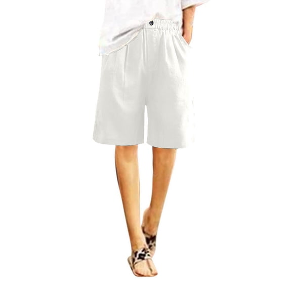 UAMVSH Cotton Linen Shorts for Women Soft Knee-Length Shorts with Pockets Elastic Waist Solid Color Summer Lounge Bottom