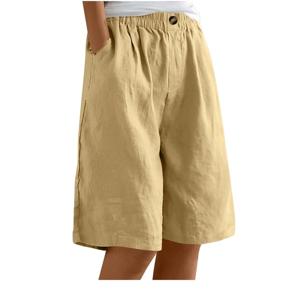 UAMVSH Cotton Linen Shorts for Women Summer Casual Elastic Waist Buttons Shorts Loose Wide Leg Shorts with Pockets Beach Vacation Outfits