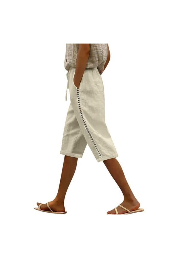 Cotton Linen Shorts for Women with Drawstring Bermuda Hollow out Summer Beachwear Capri Pants Baggy Lightweight Capris with Pockets