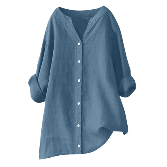 UAMVSH Cotton Linen Tops for Women Baggy Plus Size Button down Long Tops Casual Summer Full Sleeve Oversized Blouses Ladies Fall Outfits(X-Large,Light Blue)