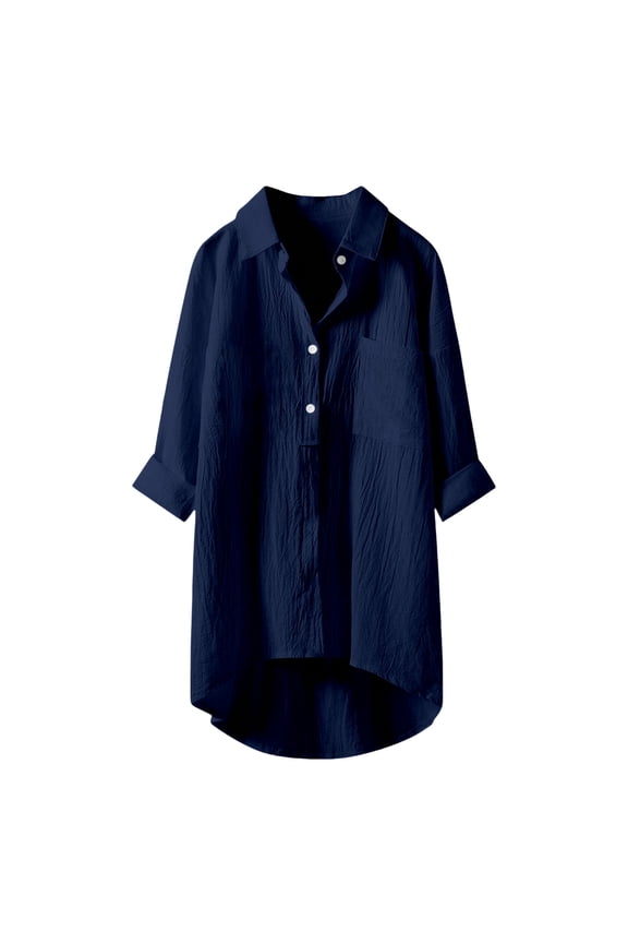 Cotton Linen Tops for Women Baggy Full Sleeve Button down Blouse Lightweight Oversized Collared Long Shirts with Pockets(Large,Navy)