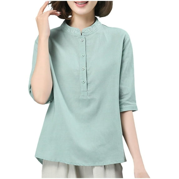 UAMVSH Cotton Linen Tops for Women Lightweight Vintage Half Sleeve Dressy Shirts Embroidered Mock Neck Button down Tees Blouses(X-Large,Green)