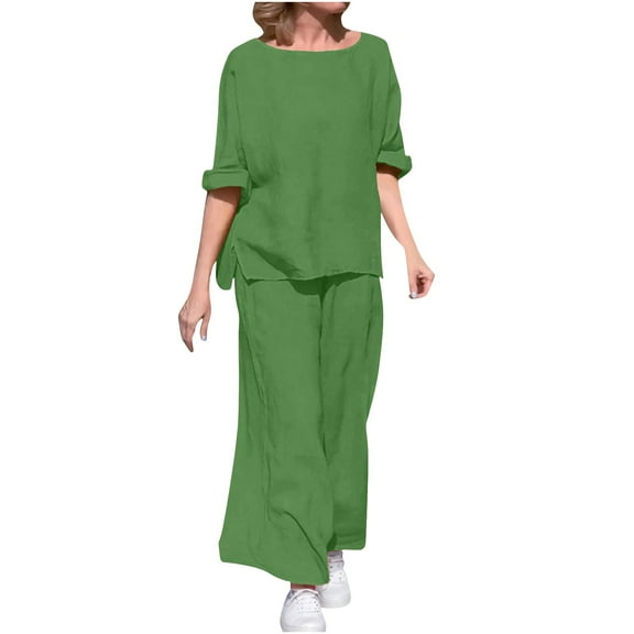 UAMVSH Cotton Linen Two Piece Sets for Women Casual Beach Vacation Flowy Tops and Palazzo Pants Lightweight Short Sleeve Lounge Outfits(3X-LargeGreen)