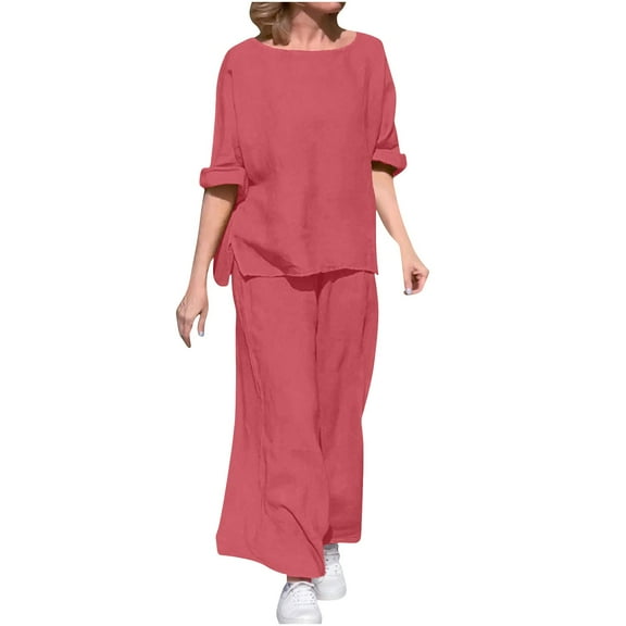 UAMVSH Cotton Linen Two Piece Sets for Women Casual Beach Vacation Flowy Tops and Palazzo Pants Lightweight Short Sleeve Lounge Outfits(LargePink)