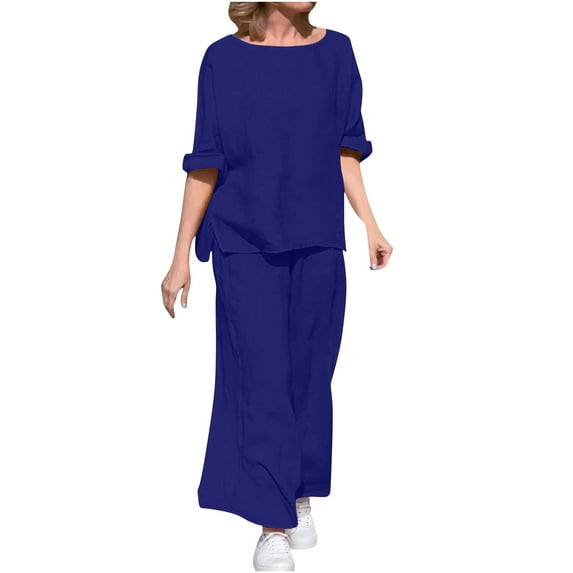 UAMVSH Cotton Linen Two Piece Sets for Women Casual Beach Vacation Flowy Tops and Palazzo Pants Lightweight Short Sleeve Lounge Outfits(SmallBlue)