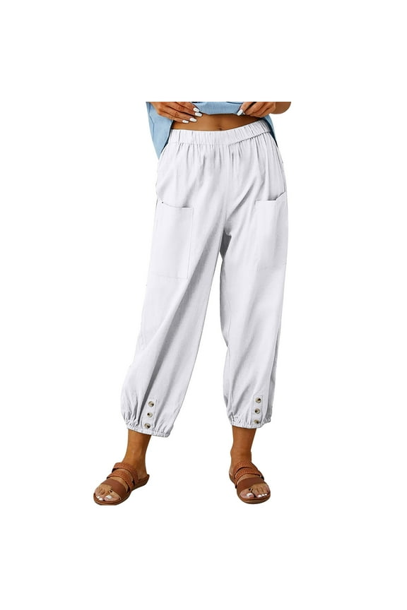 Cotton Linen for Women Lightweight Summer Casual Beach Pants with Pockets High Waist Cinch Bottom Vacation Lounge Pants(X-Large,White)