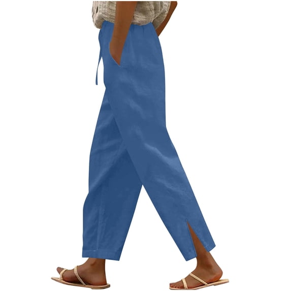 UAMVSH Cotton Pants for Women Classic Plus Size Beach Plain Vacation Pants with Pockets Lightweight Side Slit Drawstring Pants(X-Large,Blue)