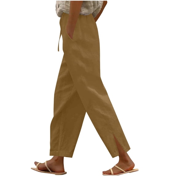 UAMVSH Cotton Pants for Women Classic Plus Size Beach Plain Vacation Pants with Pockets Lightweight Side Slit Drawstring Pants(X-Large,Yellow)