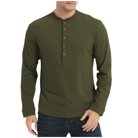 UAMVSH Cotton Shirts for Men Casual Long Sleeve Henley Neck Basic T-Shirts Classic Fashion Plain Pullover Tops Fall Clothes(Large,Army Green)