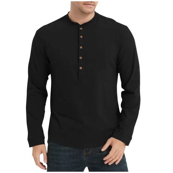 UAMVSH Cotton Shirts for Men Casual Long Sleeve Henley Neck Basic T-Shirts Classic Fashion Plain Pullover Tops Fall Clothes(Small,Black)
