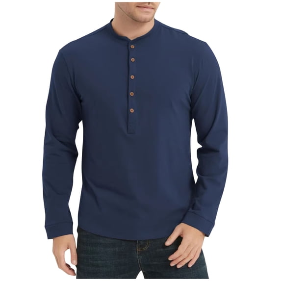 UAMVSH Cotton Shirts for Men Casual Long Sleeve Henley Neck Basic T-Shirts Classic Fashion Plain Pullover Tops Fall Clothes(X-Large,Blue)