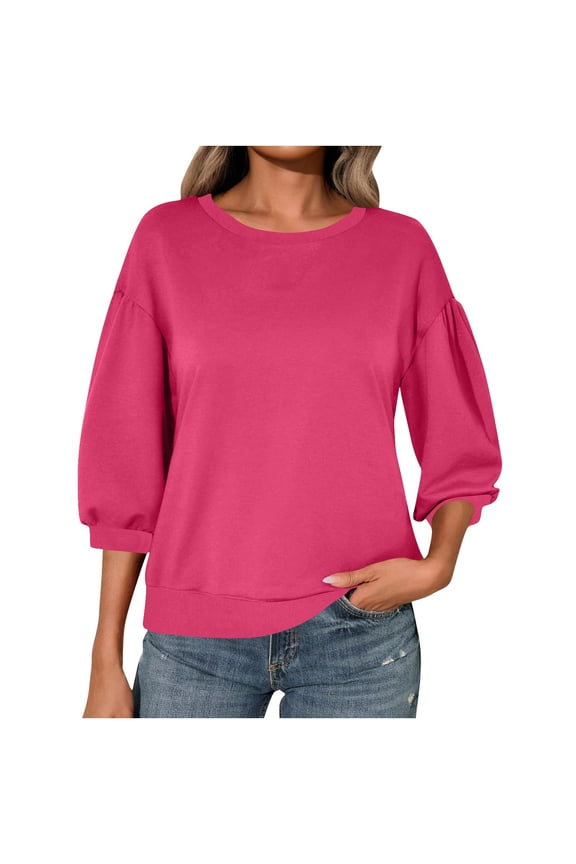 Crewneck Sweatshirts for Women Loose Pleated 3/4 Sleeve Tunic Tops Dressy Casual Drop Shoulder Pullover Trendy Fall Clothes