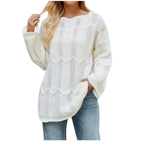 UAMVSH Crochet Knitted Casual Sweater for Women Trendy Long Sleeve Loose Fit Dressy Sweater Lightweight Comfy Soft Pullover Tops(Medium,White)