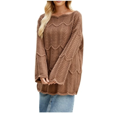 UAMVSH Crochet Knitted Casual Sweater for Women Trendy Long Sleeve Loose Fit Dressy Sweater Lightweight Comfy Soft Pullover Tops(Small,Brown)