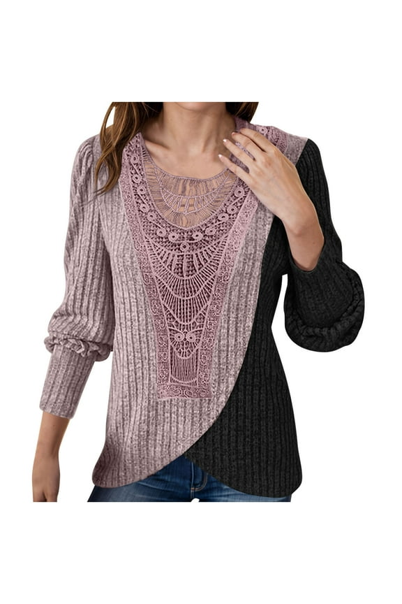 Crochet Lace Sweaters for Women Ribbed Knitted Pullover Fashion Long Sleeve Sweater Tops Cross Wrap Tunic Outfits(Medium,Black)