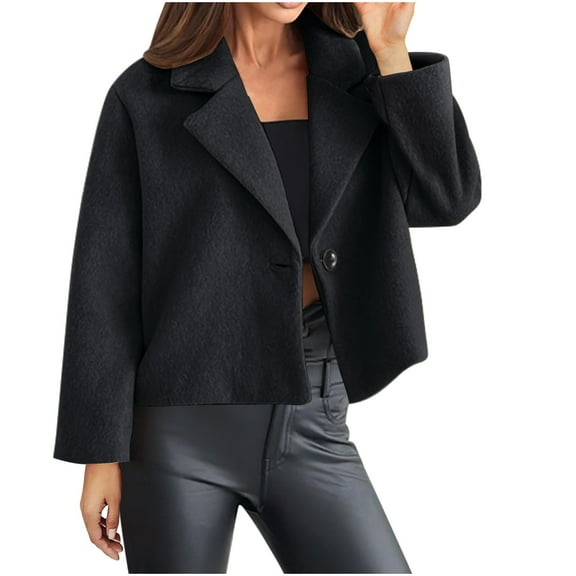 UAMVSH Cropped Blazers for Women Warm Fleece Long Sleeve Dressy Suit Jackets Trendy Winter Notch Collar Work Office Outerwear Business Coats(X-Large,Black)