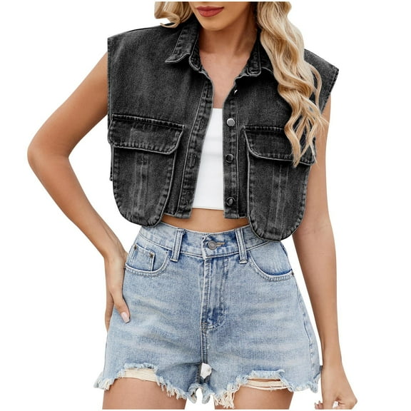 UAMVSH Cropped Denim Vests for Women Fashion Vacation Sleeveless Waistcoats with Large Pockets Casual Button down Lapel Neck Jackets(Small,Black)