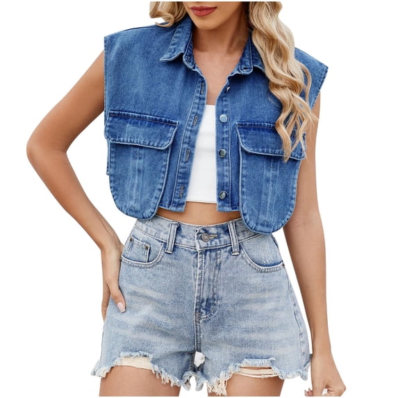 UAMVSH Cropped Denim Vests for Women Fashion Vacation Sleeveless Waistcoats with Large Pockets Casual Button down Lapel Neck Jackets(Small,Blue)
