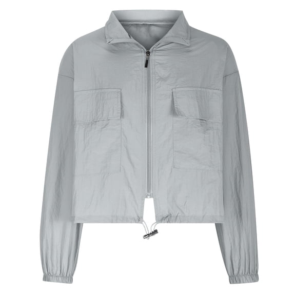 UAMVSH Cropped Jacket for Women Lightwieght Casual Zipper Lapel Trench Coat Trendy Drawstring Long Sleeve Fall Tops with Pockets