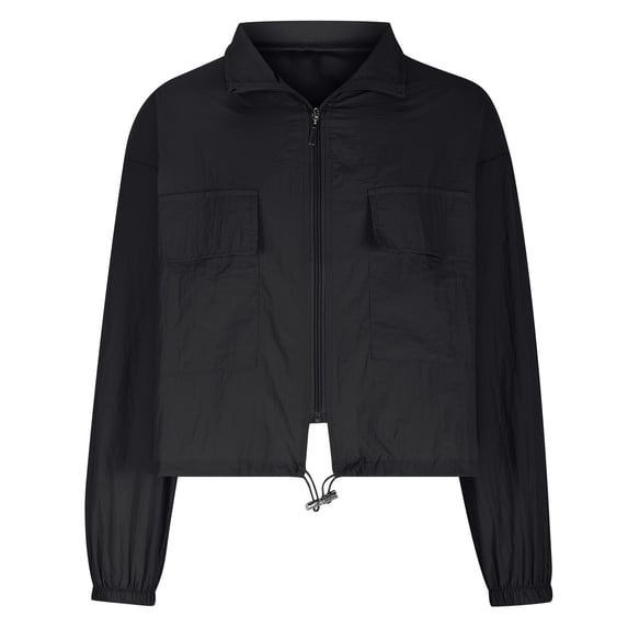 UAMVSH Cropped Jacket for Women Lightwieght Casual Zipper Lapel Trench Coat Trendy Drawstring Long Sleeve Fall Tops with Pockets