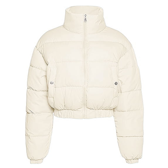 UAMVSH Cropped Puffer Jackets for Women Warm Long Sleeve Winter Outfits Lightweight Stand Neck Zip up Quilted Coats with Pockets(Large,Khaki)