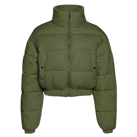 UAMVSH Cropped Puffer Jackets for Women Warm Long Sleeve Winter Outfits Lightweight Stand Neck Zip up Quilted Coats with Pockets(Medium,Green)