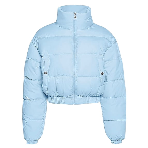 UAMVSH Cropped Puffer Jackets for Women Warm Long Sleeve Winter Outfits Lightweight Stand Neck Zip up Quilted Coats with Pockets(Small,Blue)
