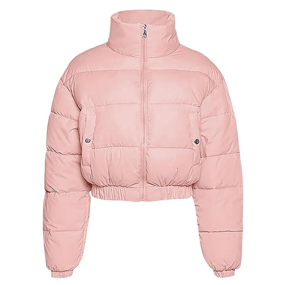 UAMVSH Cropped Puffer Jackets for Women Warm Long Sleeve Winter Outfits Lightweight Stand Neck Zip up Quilted Coats with Pockets(Small,Pink)