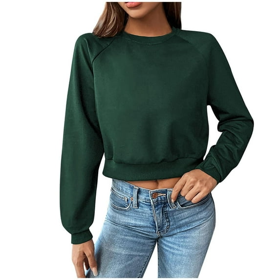 UAMVSH Cropped Sweatshirts for Women Soft Crew Neck Pullover Tops Casual Long Sleeve Solid Color Shirts Ladies Fall Outfits(Medium,Army Green)