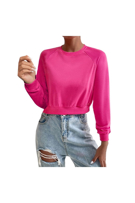 Cropped Sweatshirts for Women Soft Crew Neck Pullover Tops Casual Long Sleeve Solid Color Shirts Ladies Fall Outfits(Medium,Hot Pink)