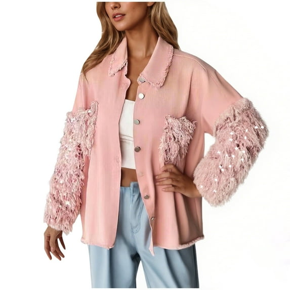 UAMVSH Denim Jackets for Women Button down Long Sleeve Shackets Solid Color Casual Fashion Shiny Sleeve Clubwear Coats with Pockets(Large,Pink)