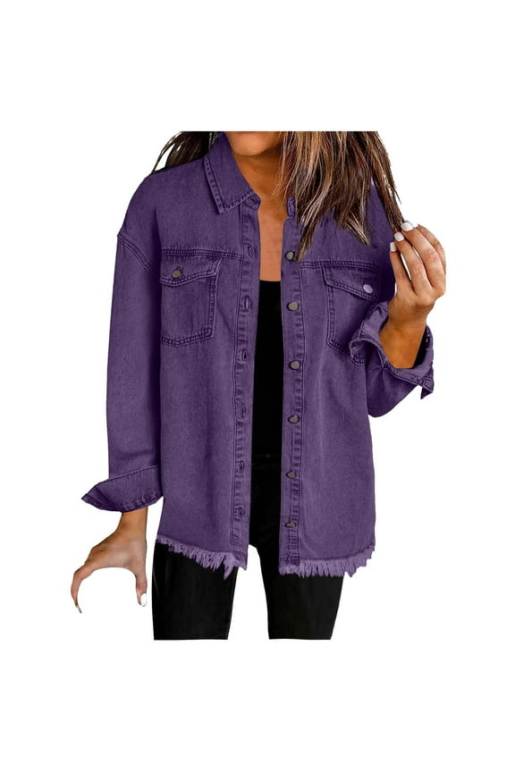 Denim Jackets for Women Trendy Frayed Hem Button down Shacket Coats with Pockets Classic Long Sleeve Lapel Neck Jean Jackets(X-Large,Purple)