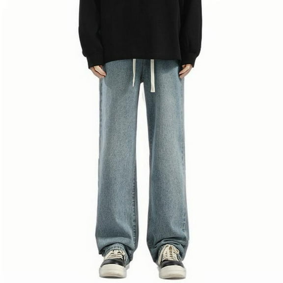 UAMVSH Denim Pants for Men Summer Fall Trendy Straight Wide Leg Plain Jeans Soft Drawstring Trousers Pants with Pockets(Small,Blue)