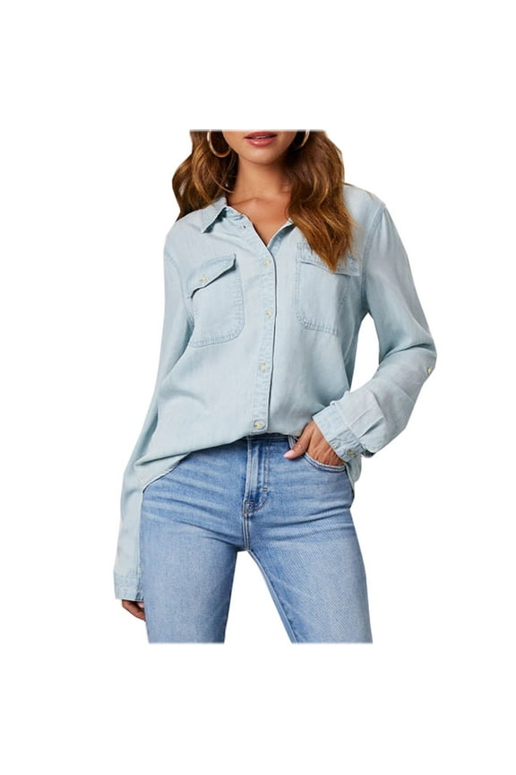 Denim Shirts for Women Casual Collared Button down Tops Lightweight Long Sleeve Loose Fit Fall Vacation Blouses with Pockets(Medium,Light Blue)