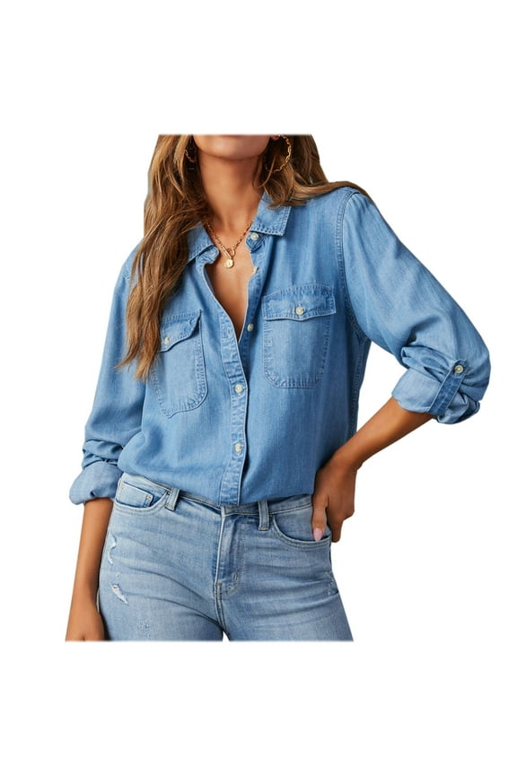 Denim Shirts for Women Casual Collared Button down Tops Lightweight Long Sleeve Loose Fit Fall Vacation Blouses with Pockets(Small,Blue)