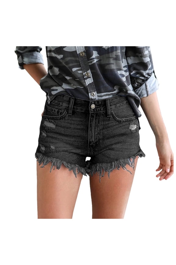 Denim Shorts for Women High Waist Stretch Ripped Hot Shorts with Frayed Hem Fashionable Daily Distressed Jean Shorts