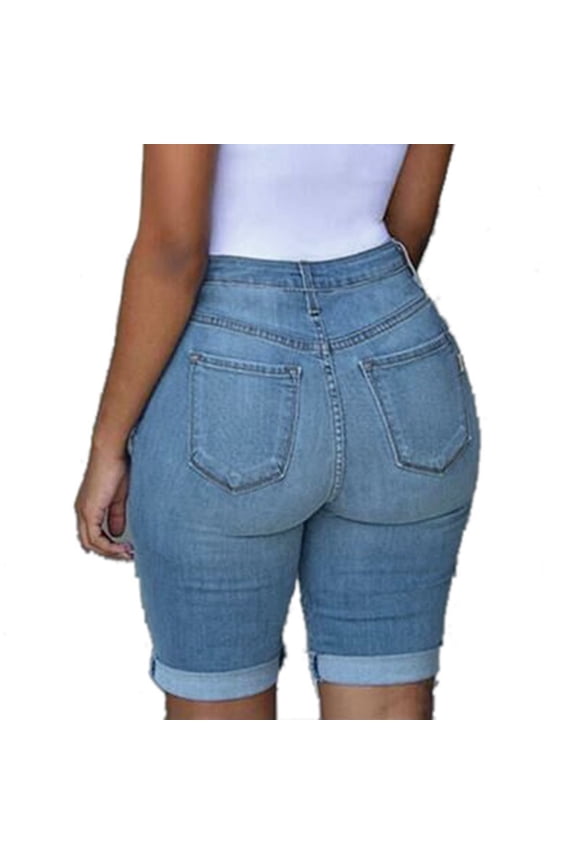 Denim Shorts for Women Soft Summer Knee Length Ripped Jeans with Pockets Trendy Slim Fit Cuffed Hem Lounge Shorts(X-Large,Blue)