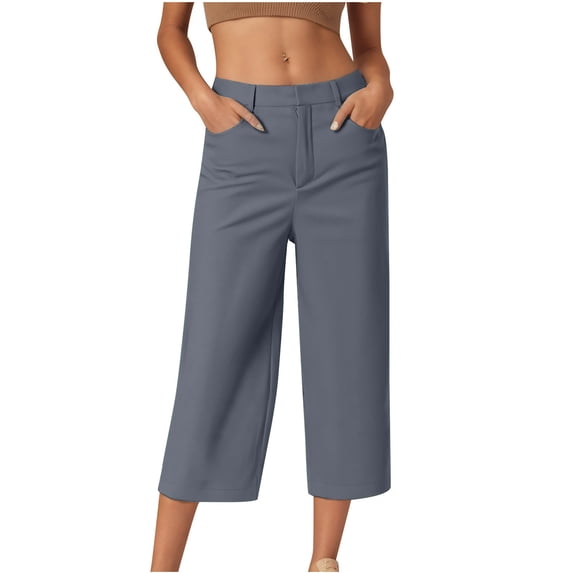 UAMVSH Dress Capri Pants for Women Casual Business Wide Leg Chino Capris Baggy Mid Waist Office Work Twill Cropped Pants with Pockets