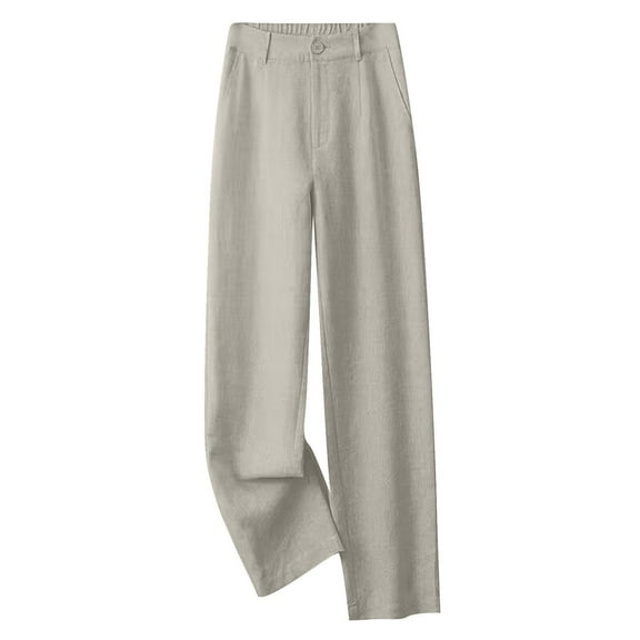 UAMVSH Dress Pants for Women Casual Cotton Linen Work Office Pants with Pockets Soft Elastic Waist Wide Leg Business Suit Pants(Large,Beige)