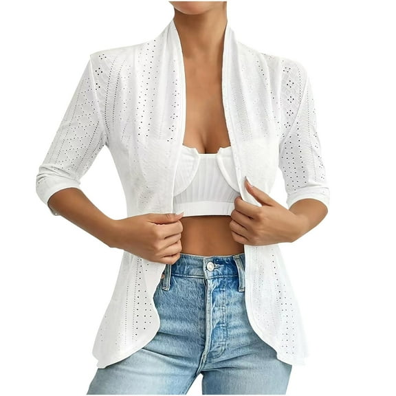 UAMVSH Eyelet Cardigans for Women Slim Fit Lightweight Vacation Trendy Dusters Casual Open Front 3/4 Length Sleeve Boho Kimono Cover Ups(X-Large,White)