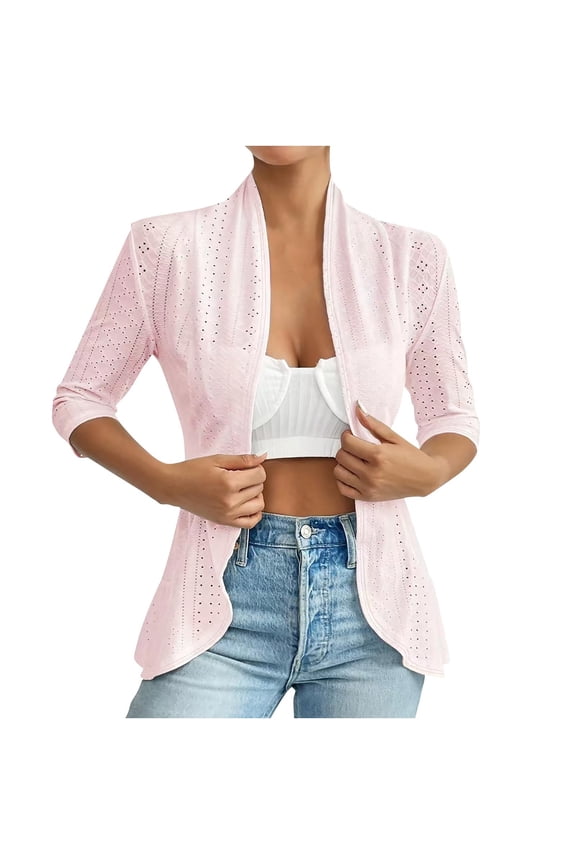 Eyelet Cardigans for Women Slim Fit Lightweight Vacation Trendy Dusters Casual Open Front 3/4 Length Sleeve Boho Kimono Cover Ups(Medium,Pink)