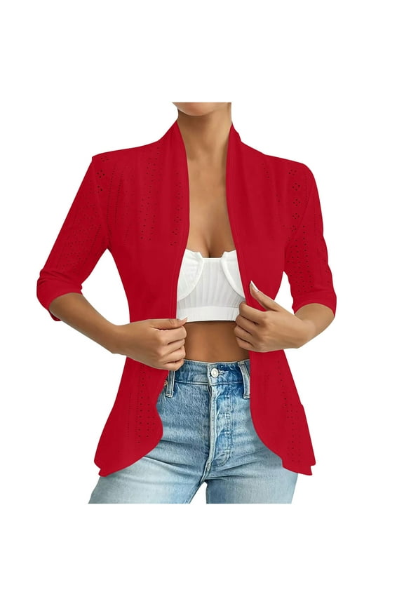 Eyelet Cardigans for Women Slim Fit Lightweight Vacation Trendy Dusters Casual Open Front 3/4 Length Sleeve Boho Kimono Cover Ups(Medium,Red)