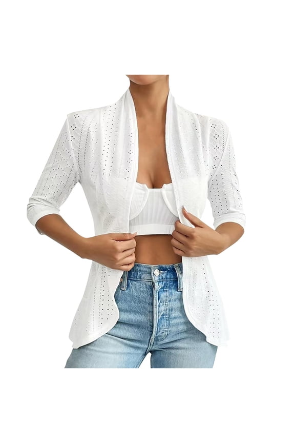 Eyelet Cardigans for Women Slim Fit Lightweight Vacation Trendy Dusters Casual Open Front 3/4 Length Sleeve Boho Kimono Cover Ups(Small,White)