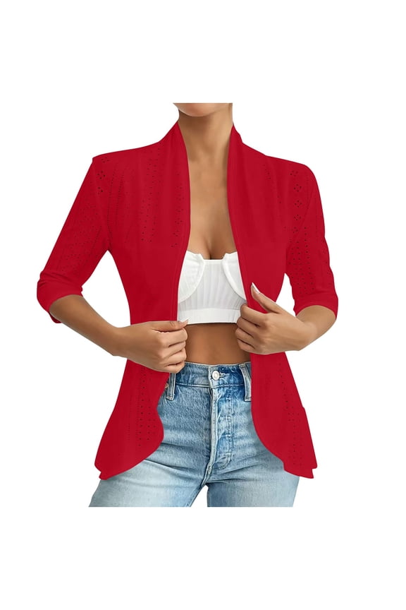 Eyelet Cardigans for Women Slim Fit Lightweight Vacation Trendy Dusters Casual Open Front 3/4 Length Sleeve Boho Kimono Cover Ups(X-Large,Red)